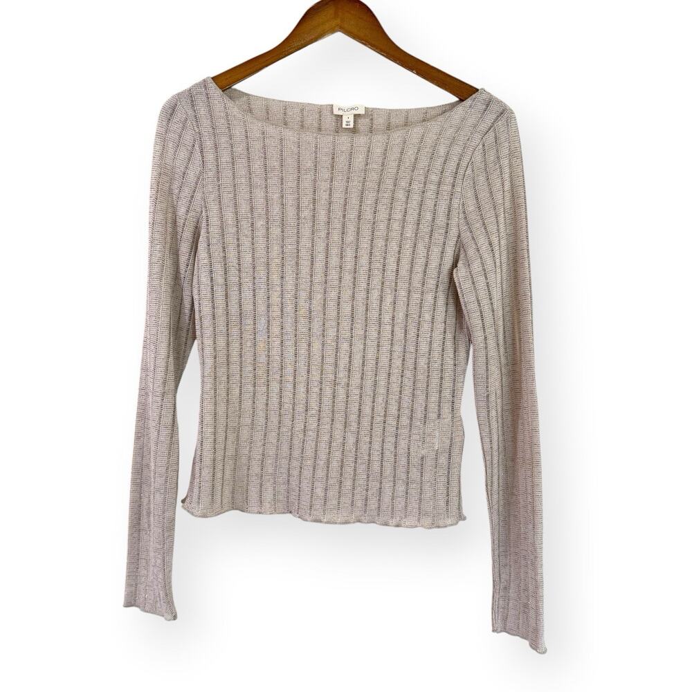 Anthropologie Pilcro Perfect Layering Tee S Beige Metallic Ribbed Knit Sparkle - Picture 4 of 10